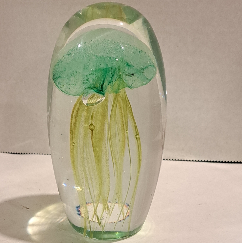 Green & Yellow Brown Jellyfish Glow In The Dark Glass Paperweight